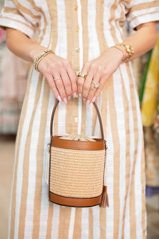 Bucket Bag in Brushed Genuine Leather and Raffia