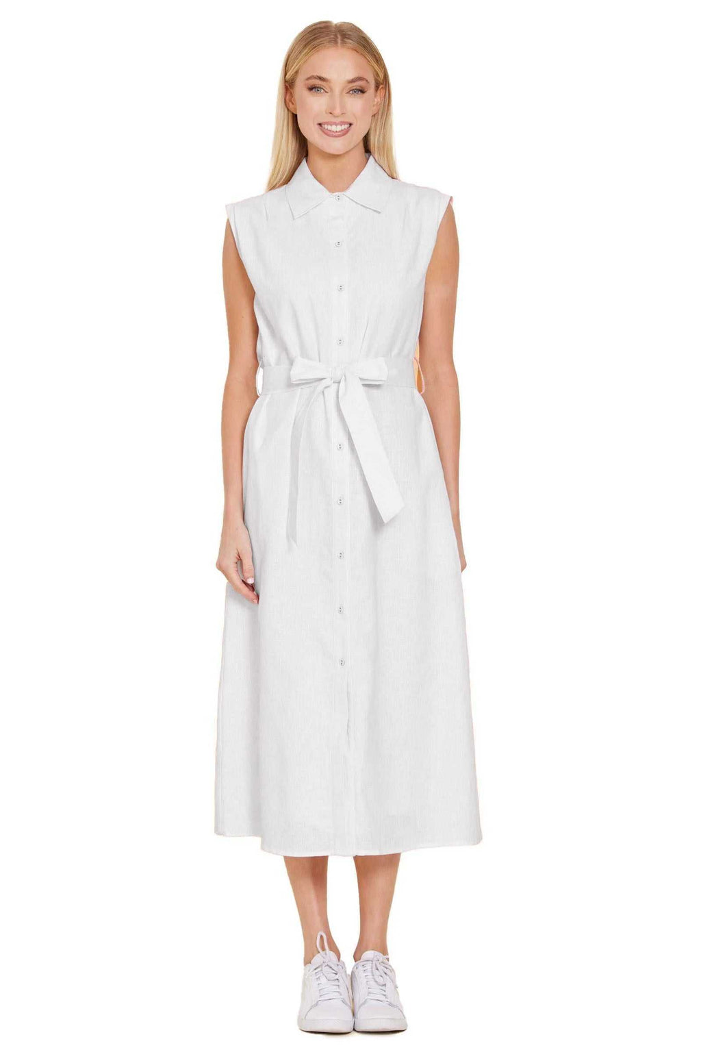 white linen belted dress Linen Belted Midi Dress White / XS