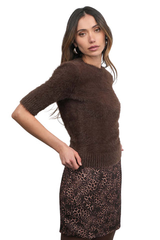 Odette Fuzzy Elbow Sleeve Knit Top - Espresso