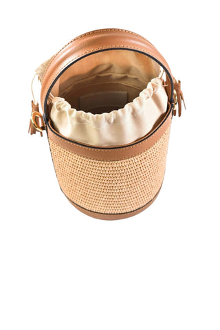 Bucket Bag in Brushed Genuine Leather and Raffia