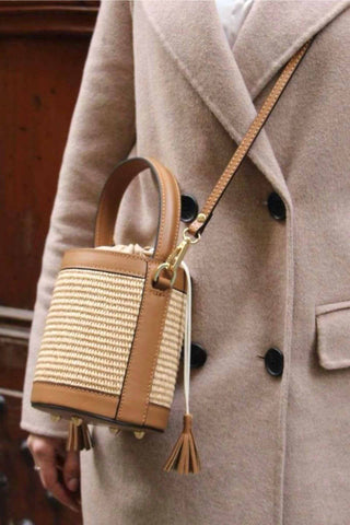 Bucket Bag in Brushed Genuine Leather and Raffia