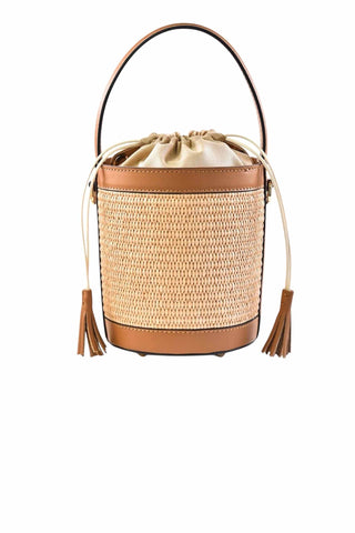 Women's Drawstring Bucket Bag with Genuine Italian Brushed Leather and Hand-woven Rafia