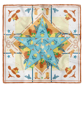 Saturday Silks Longhorn scarf featuring Texas star design with bluebonnets, cowboy boots, longhorn motifs and rope border for University of Texas pride fashion