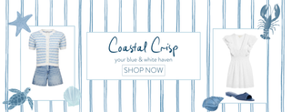 Coastal Crisp blue and white collection with striped knit top, denim shorts, white dress, and blue sandals.