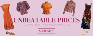 Women’s fashion sale featuring dresses, tops, and shoes priced $15 to $75.