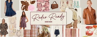Rodeo ready women’s western fashion featuring dresses, cowgirl boots, handbags, and accessories.