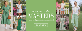 Women’s Masters tournament style outfits with green dresses, gingham prints, and classic spring fashion.