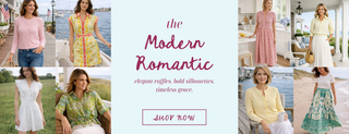 Modern romantic women’s clothing collection featuring feminine dresses, ruffles, and timeless silhouettes