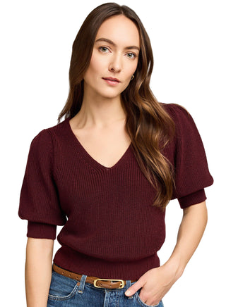 Gentle Fawn Phoebe sweater with puff sleeves and V-neckline in super soft knit in Merlot