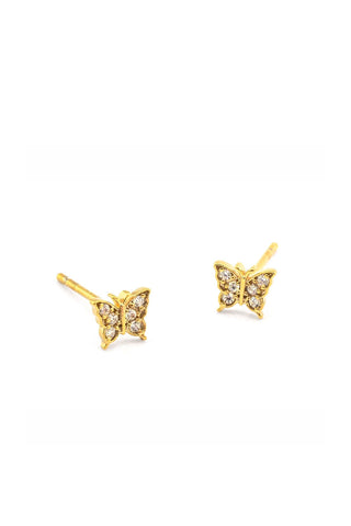 Tai Jewelry 12k Gold Butterfly Post Earrings. Small gold butterfly stud earrings with clear cubic zirconia stones embedded in wings, featuring delicate butterfly silhouette design