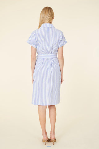 Striped Seer Sucker Belted Dress - Blue/White