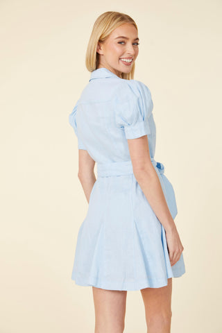 Linen Belted Dress - Light Blue
