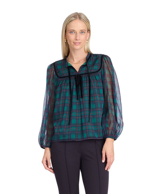 Draper James Bow Long Sleeve Top in Evergreen Tartan