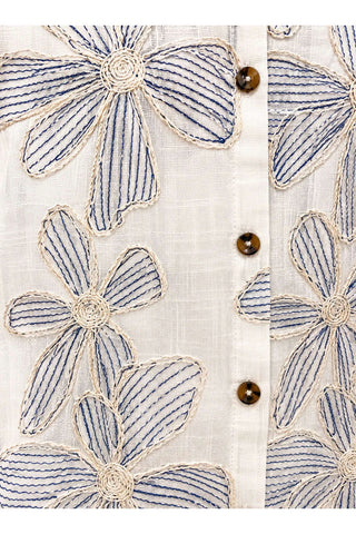 Embroidery Floral Short Sleeve Dress - Cream/Navy Dresses THML Monkee's of The Woodlands