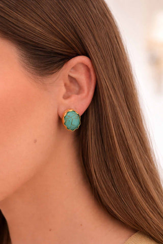 The Jane Oval Wavy Bezel Gemstone Stud Earrings -Turquoise Earrings