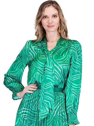 Emerald Green Geometric Print Neck Tie Blouse