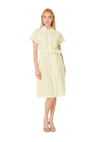Striped Seer Sucker Belted Dress - Yellow/White