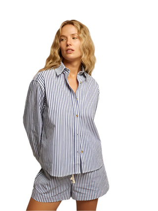 James Chute Cotton Stripe Poplin Button Down - Chambray Stripe