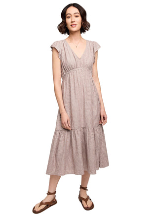 Gentle Fawn Eris midi dress in Merlot burgundy stripe pattern featuring flutter sleeves, V-neckline, gathered waist and tiered ruffled hem