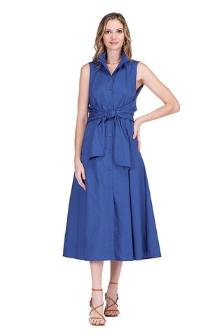 Blue Midi Button Front Wrap Dress