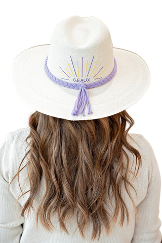 Baldiz "Geaux" Game Day Hat for LSU. natural straw hat with purple braided band and 'GEAUX' embroidery