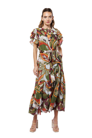 Ciebon Nythia Printed Flutter Midi Dress - Green Multi