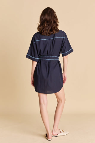Stitch Detailed Shirt Mini Dress - Navy/Powder Blue