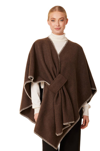 Dolce Cabo Whip Stitch Wrap Poncho - Coffee/Creme