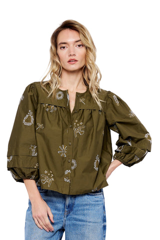 Ciebon Liliane 3/4" Bubble Sleeve Buttondown Top - Olive. Olive green button-down blouse with white floral embroidery and three-quarter bubble sleeves 