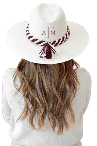 Baldiz A&M white wide brim hat with embroidered ATM logo, maroon white braided rope band and tassels for Texas Aggies game day