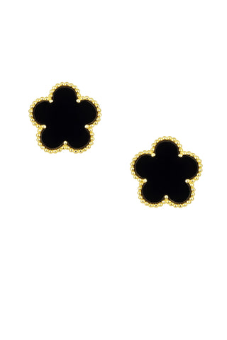 Sahira Adeline clover stud earrings in black onyx featuring signature gold beaded border detail in classic flower shape for sophisticated styling
