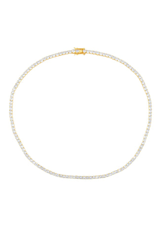 Sahira Karla tennis-style necklace in gold featuring continuous crystal details throughout the chain with secure clasp closure for elegant special occasion jewelry