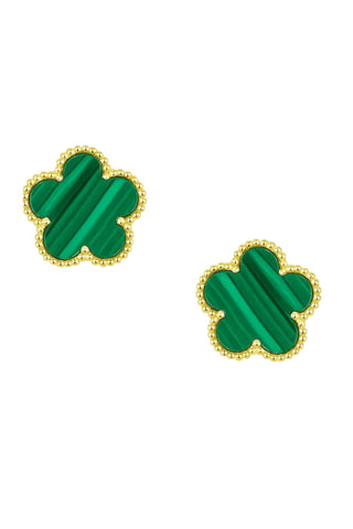 Sahira flower malachite stud earrings in gold featuring rich green malachite stone with beaded border detail in flower-shaped design
