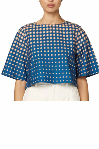 Cleobella Alana blouse with wide elbow sleeves, cropped boxy silhouette, playful dot pattern print, and relaxed fit perfect for casual styling and coordinating sets