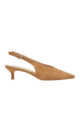 Dolce Vita Alenna Heel in Light Brown Suede. Light brown suede pointed toe slingback heel with adjustable ankle strap and low kitten heel in camel tan color