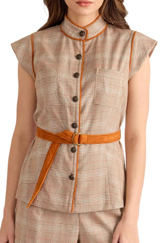 S'edge Alma Top - Autumn Plaid. Button Up Blouse with Cap Sleeves, Mock Neck, and Suede Orange Belt