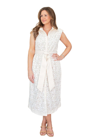 Ciebon Amber Crochet Midi Dress in Cream. Cream-colored midi dress featuring intricate crochet work throughout with relaxed fit and handcrafted bohemian styling