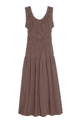 A sleeveless, smocked A-line dress in a dusty rose-brown color with fine vertical stripes, shown against a plain white background.