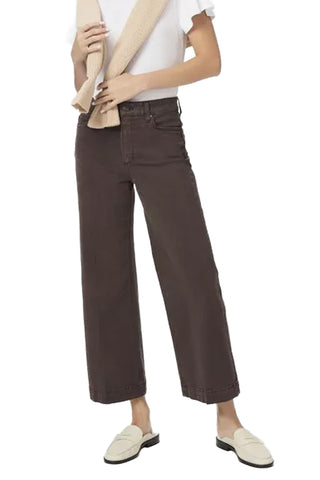 Paige Anessa Denim in Rich Chocolate. chocolate brown wide leg jeans with high waist and cuffed hems