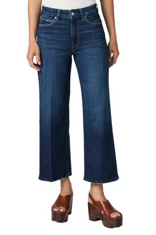 Paige Anessa Wide Leg Denim in Overdrive. Dark wash wide leg ankle jeans with high waist and vintage-inspired fading
