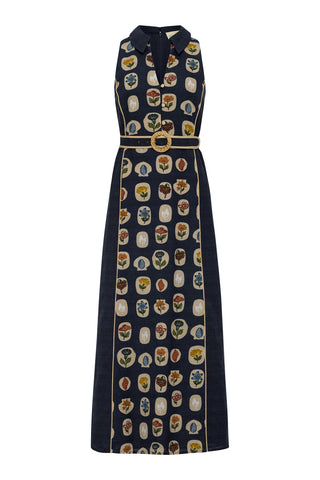 Anna Cate Jill midi dress in vintage navy featuring botanical floral print, collar neckline, sleeveless design and belted waist for women's fashion
