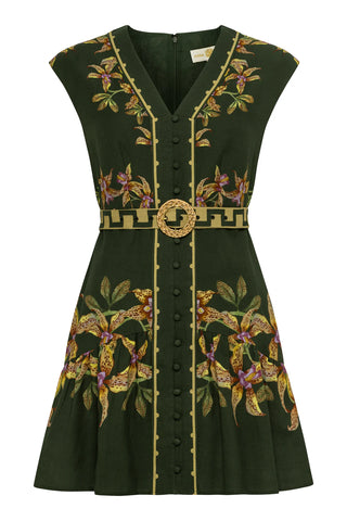 Anna Cate Ruby dress in Hunter Lily print featuring exotic spotted lilies on green background with V-neck, cap sleeves and geometric belt