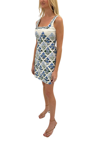 Anna Cate Zander mini dress featuring blue hydrangea floral print on ivory background