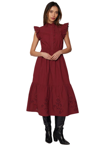 
Lost + Wander Artista Aura midi dress in crimson featuring lace cap sleeves, button-front closure, elastic waist and eyelet embroidery at tiered hem