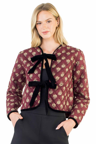 THML Ashley Printed Jacket in Maroon. Maroon cropped jacket with gold floral print, black velvet bow tie and cuff trim