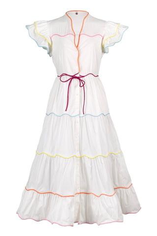 CeliaB Long Baba Dress in White with Rainbow Trim