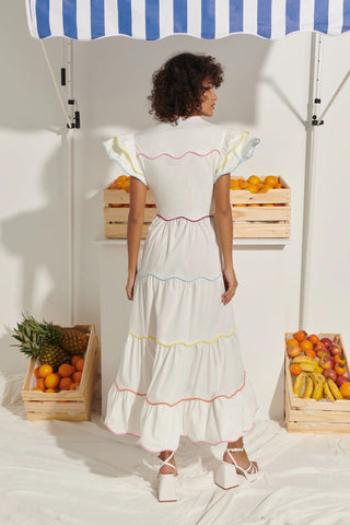 CeliaB Long Baba Dress in White with Rainbow Trim