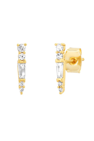 Tai Jewlery Baguette Round Spike Studs. Gold linear spike stud earrings featuring rectangular baguette-cut crystals in center with round CZ stones arranged above and below in vertical formation