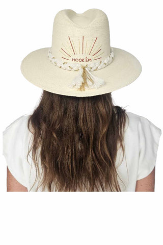 Baldiz Hook Em Game Day Hat. atural straw hat with embroidered 'HOOK EM' sunburst design and cream rope band with tassels
