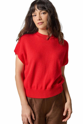 Lilla P Banded Bottom Sweater Wedge Sweater in Scarlet. red sleeveless cashmere blend sweater with mock neck, banded hem, and back zipper detail